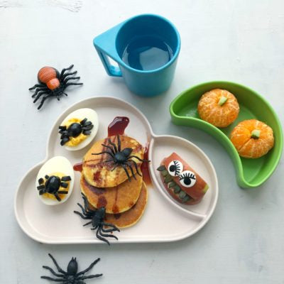 Pumpkin Purée Pancakes with Devil's Eggs & Fruit