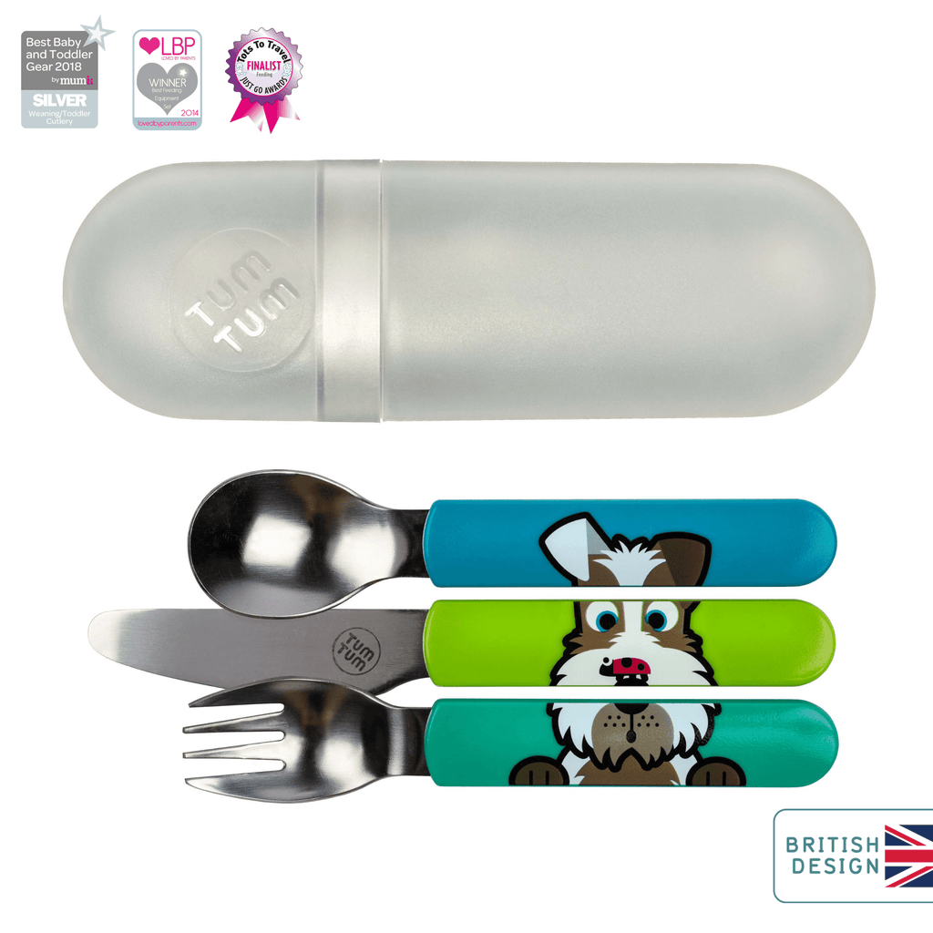 Toddler cutlery set with travel case, dog