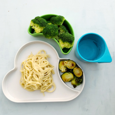 Creamy Cashew Spaghetti with Roasted Brussel Sprouts