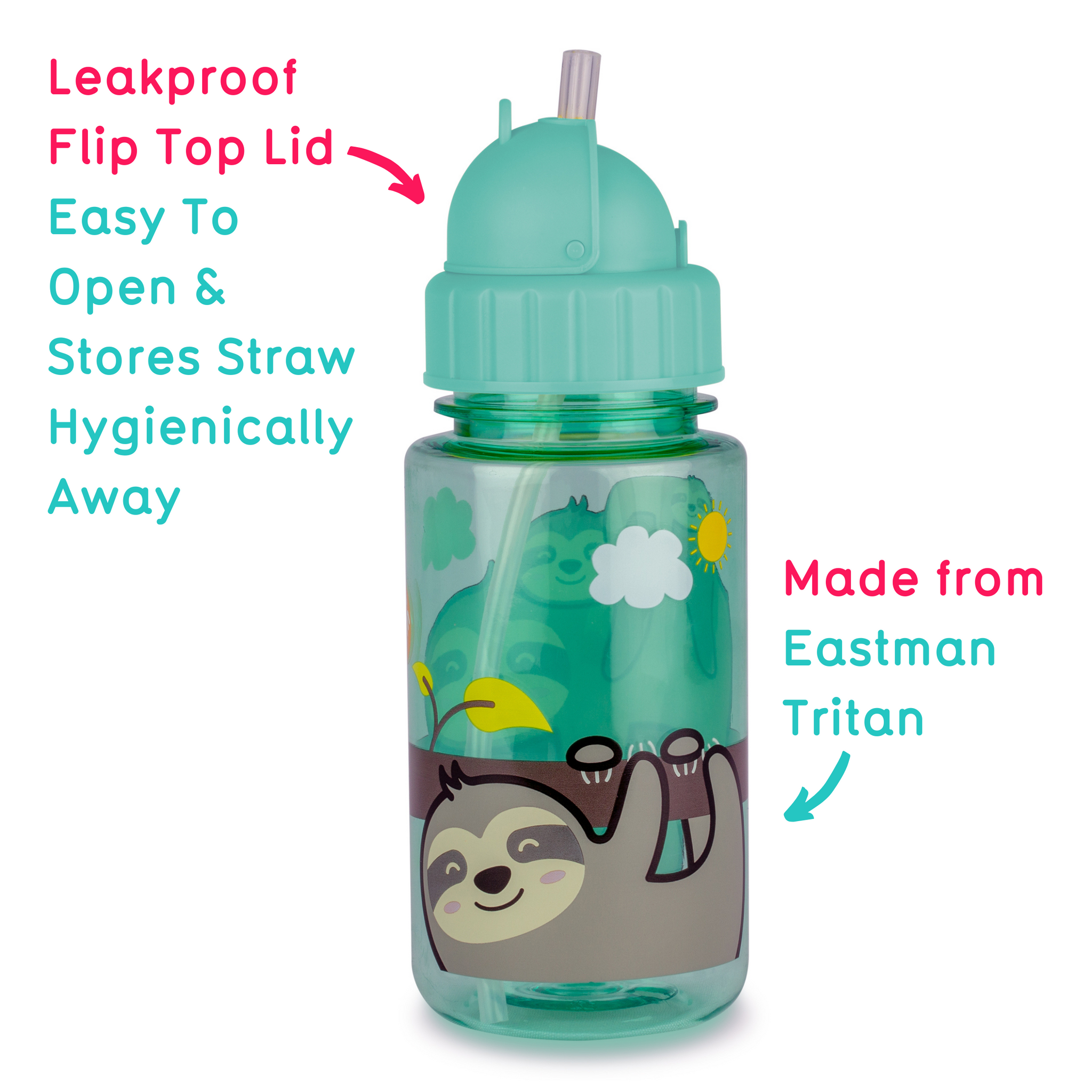 Flip Top Kids Water Bottle with Straw, Stanley Sloth, 400ml