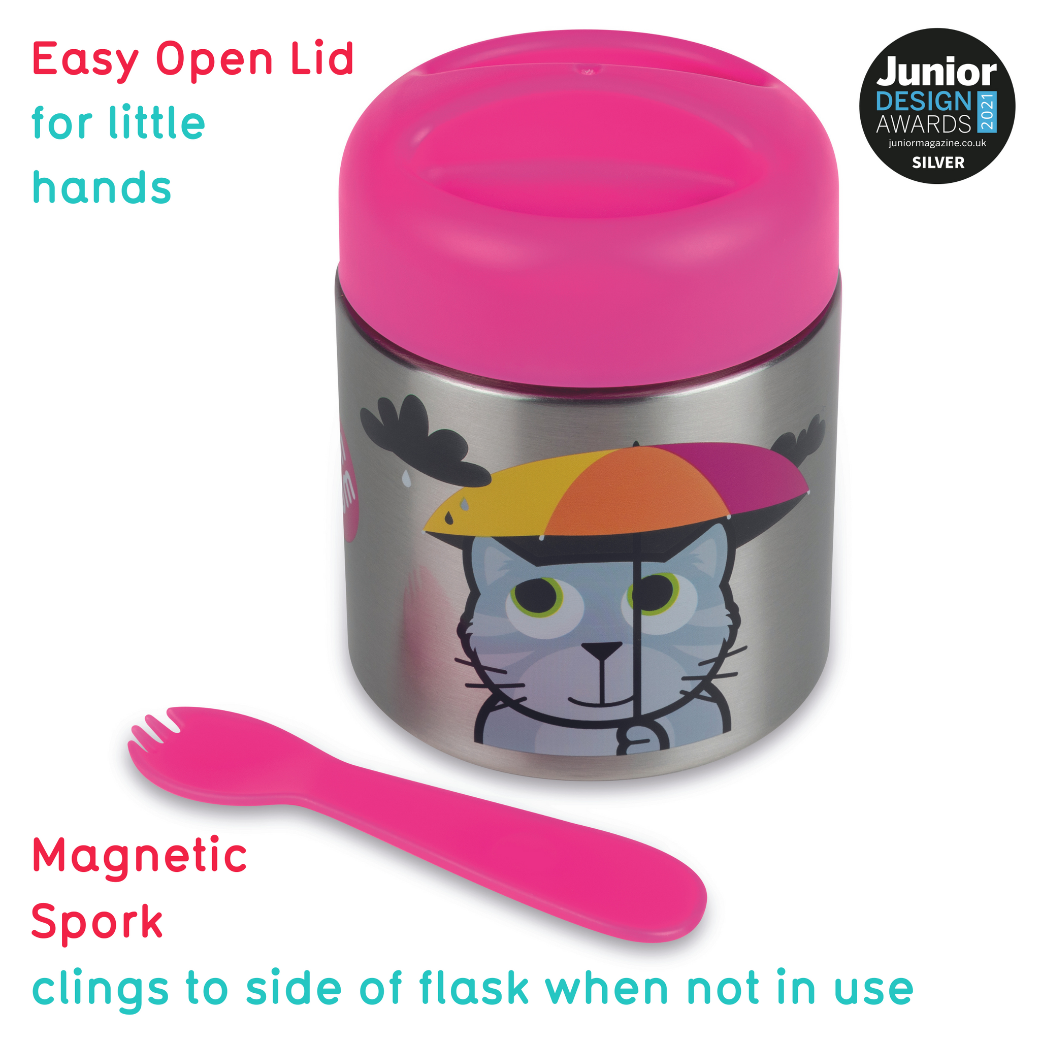 TUM TUM Kids Food Flask with Magnetic Spork & Easy Open Lid, Bluebell the Cat