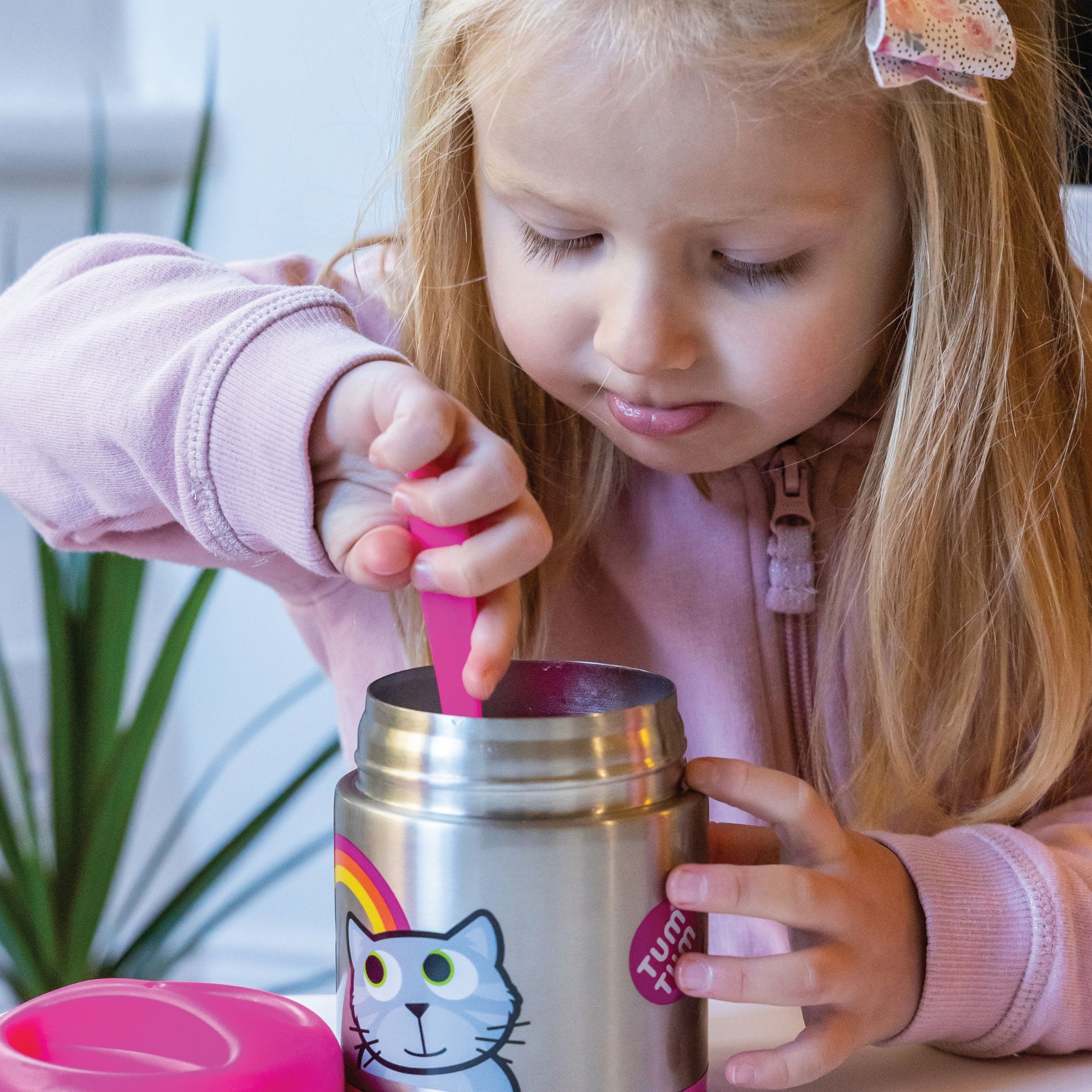 TUM TUM Kids Food Flask with Magnetic Spork & Easy Open Lid, Bluebell the Cat