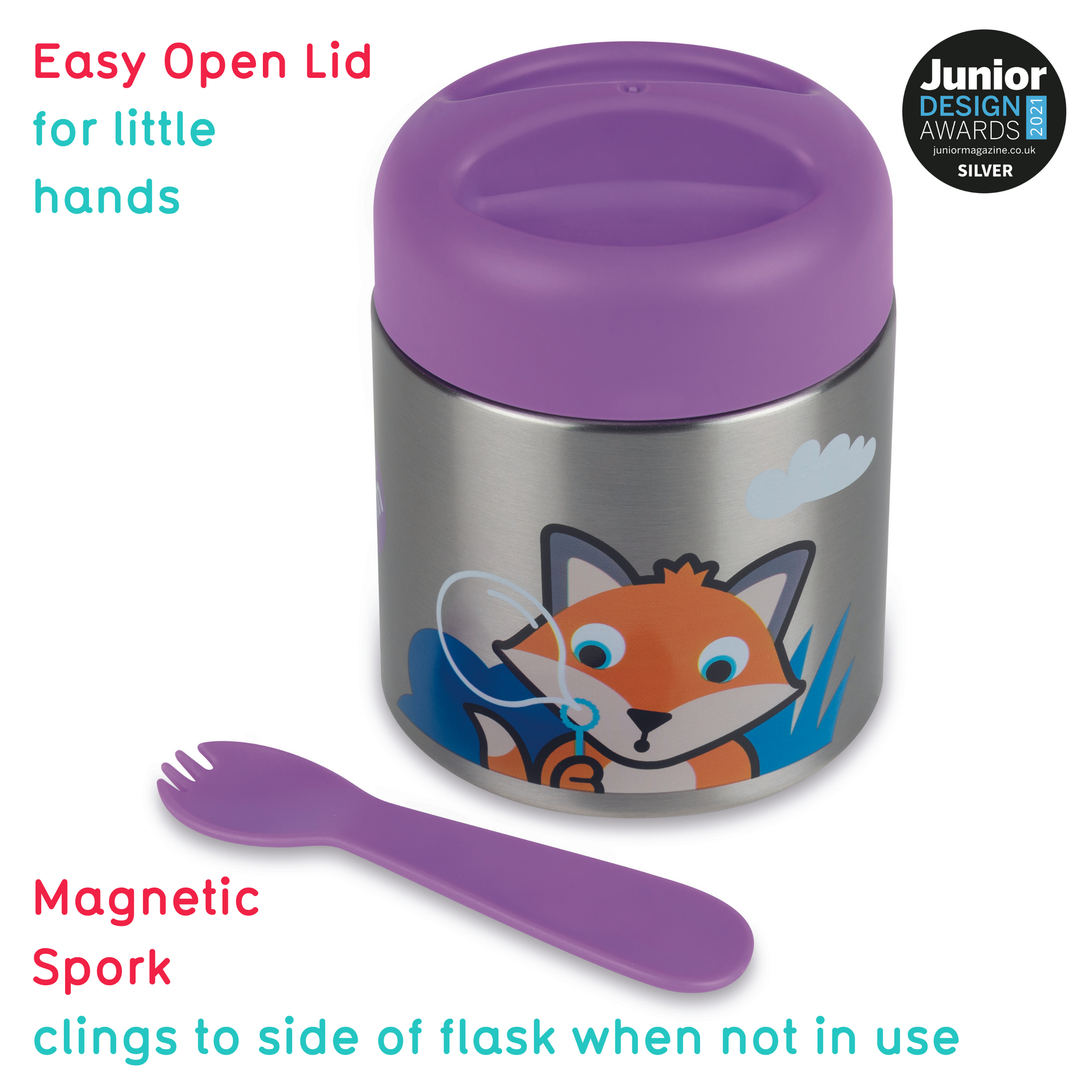 TUM TUM Kids Food Flask with Magnetic Spork & Easy Open Lid, Felicity Fox