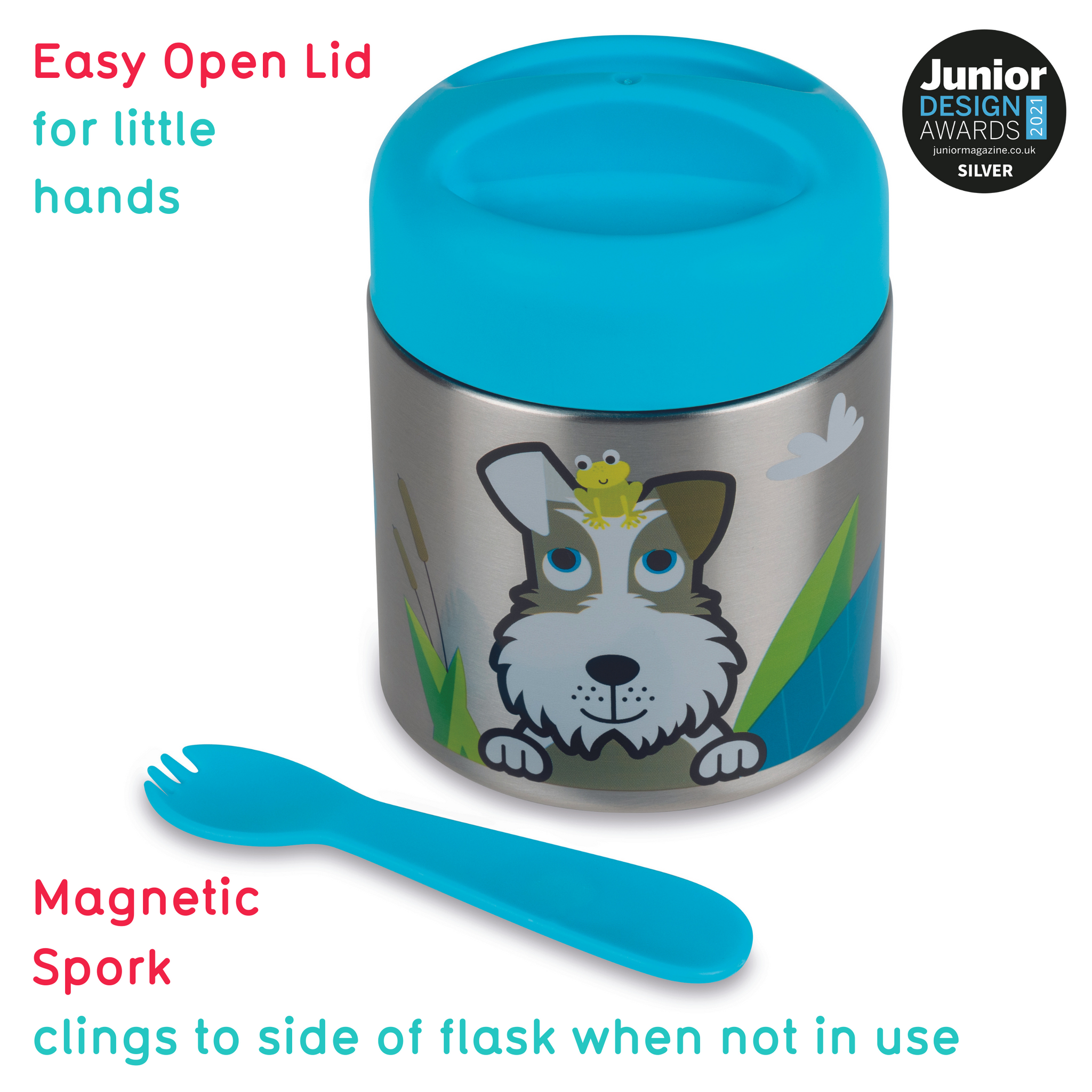 TUM TUM Kids Food Flask with Magnetic Spork & Easy Open Lid, Scruff the Dog