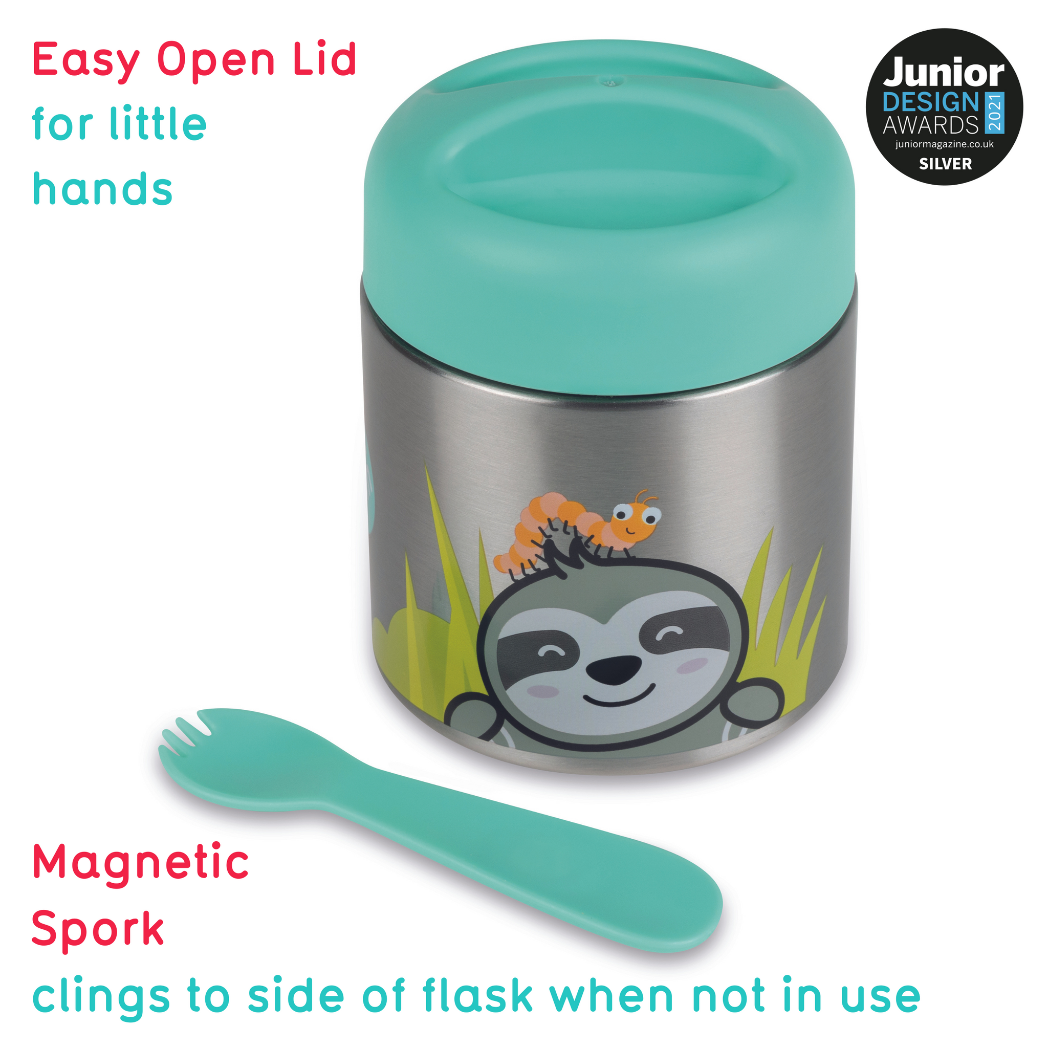 TUM TUM Kids Food Flask with Magnetic Spork & Easy Open Lid, Stanley Sloth